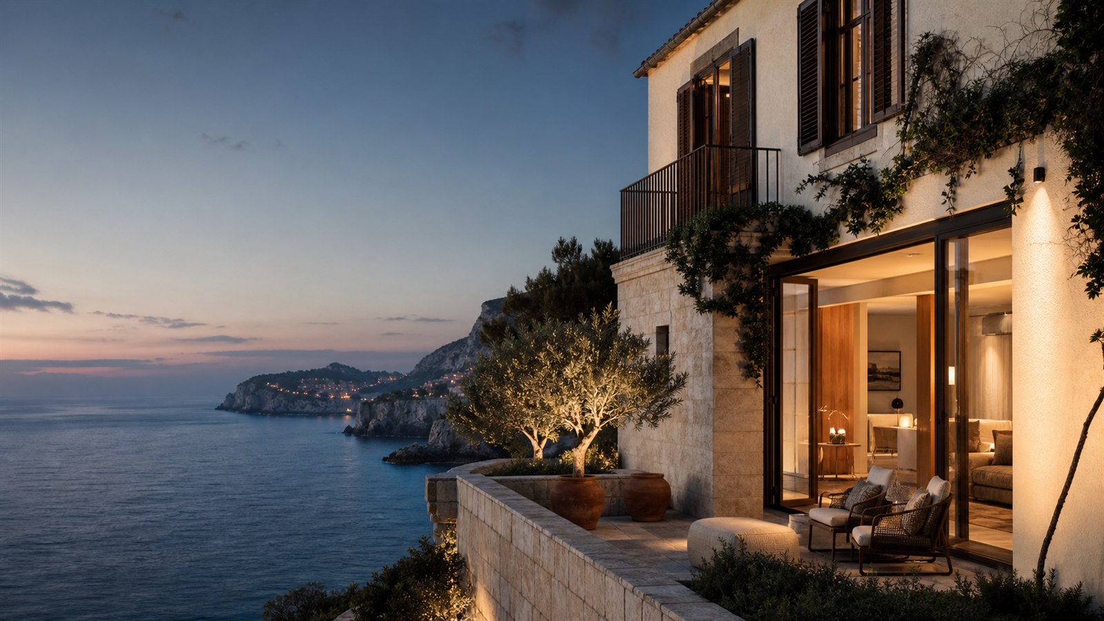 Marea House Dubrovnik demo website visual with limestone architecture, Adriatic sea view, and warm evening hotel atmosphere